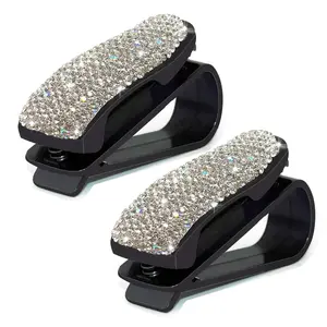 Glasses Holders For Car Sun Visor  2 Pack Bling Crystal Rhinestones Fashion Eyeglasses Sunglasses Hanger Mount With Ticket Card Clip Women (silver)