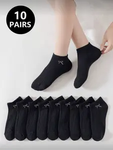 10 Pairs & Bow Short Socks, Womenswear Fit Simple Elegant Casual Style, Comfortable Breathable, Perfect for Sports Wear