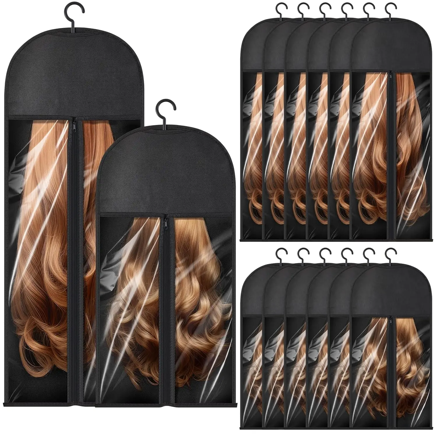 14 count Extra Long Hair Extension Storage Bag with Hanger, Two Sizes for Multiple Wigs, Dust Proof Hanger for Hair Extensions, Accessories, Black