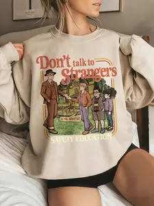 Women's Stranger Don't Talk To Strangers (Mr. Whosit) Cartoon Graphic Crewneck Sweatshirt - Oversized Sweatshirt with Character, Slogan & Geometric Print - Casual Wear for TSIYP Fans, Daily Hangouts - Perfect for Retro Lovers
