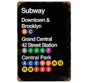 New York City Subway Downtown & Brooklyn Grand Central 42 Street Station Park Vintage Metal Sign, Retro Tin Signs Posters for Man Cave Bar Garage Car Room Streets Wall Decor Art 8 x 12 Inch