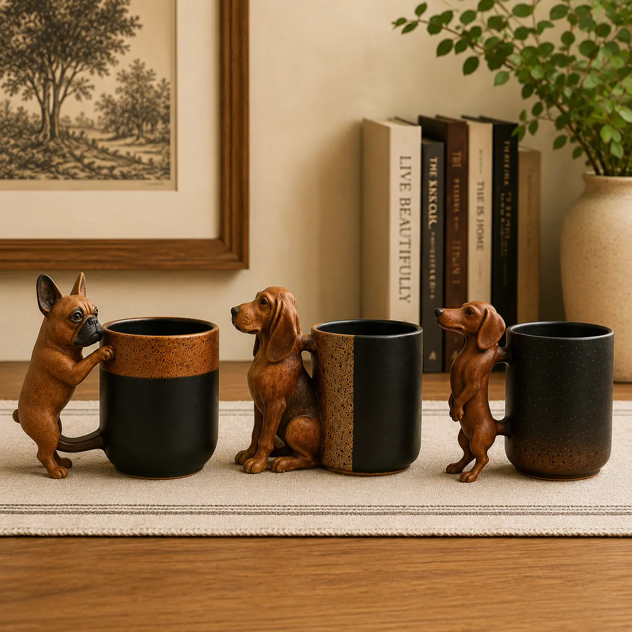 Creative 3D French Bulldog Dachshund Beagle Ceramic Mug, Handmade Dog Shaped Coffee Cup with Animal Handle, Unique 11 oz Gift for Dog Owners