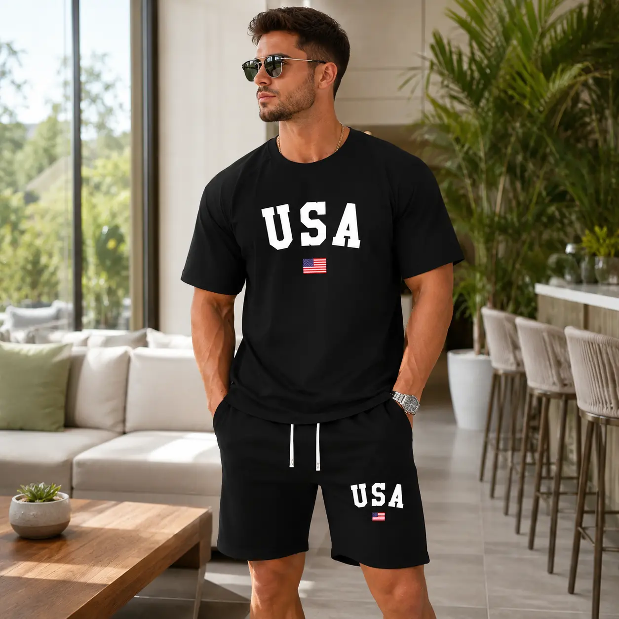 Men's USA Flag 2 Piece Outfit, Short Sleeve Crew Neck T Shirt and Drawstring Shorts Set, Quick Dry Polyester Athletic Clothing for Gym Workout, Running, Training, Summer Casual Streetwear, Travel, Sports Fans and Everyday Wear