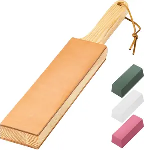 ANGERSTONE Double Side Leather Strop for Knife Sharpening - 14"X 2" Stropping Block Kit with Polishing Compound, Knife Strop with Ergonomic Handle for Honing Knives, Woodworking Chisels Angerstone