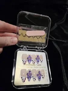 Handmade Nails - Colorful Press-On Nails with Nude Base Purple Tips Black Pink Polka Dots & 3D Purple Flower Design in Clear Plastic Case