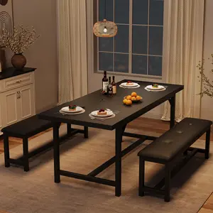 Rustic Black Extendable Furniture Sets Table with 2 Upholstered Benches, 4-6 Seating Capacity, Space-Saving Expandable Option for Small Space Apartments