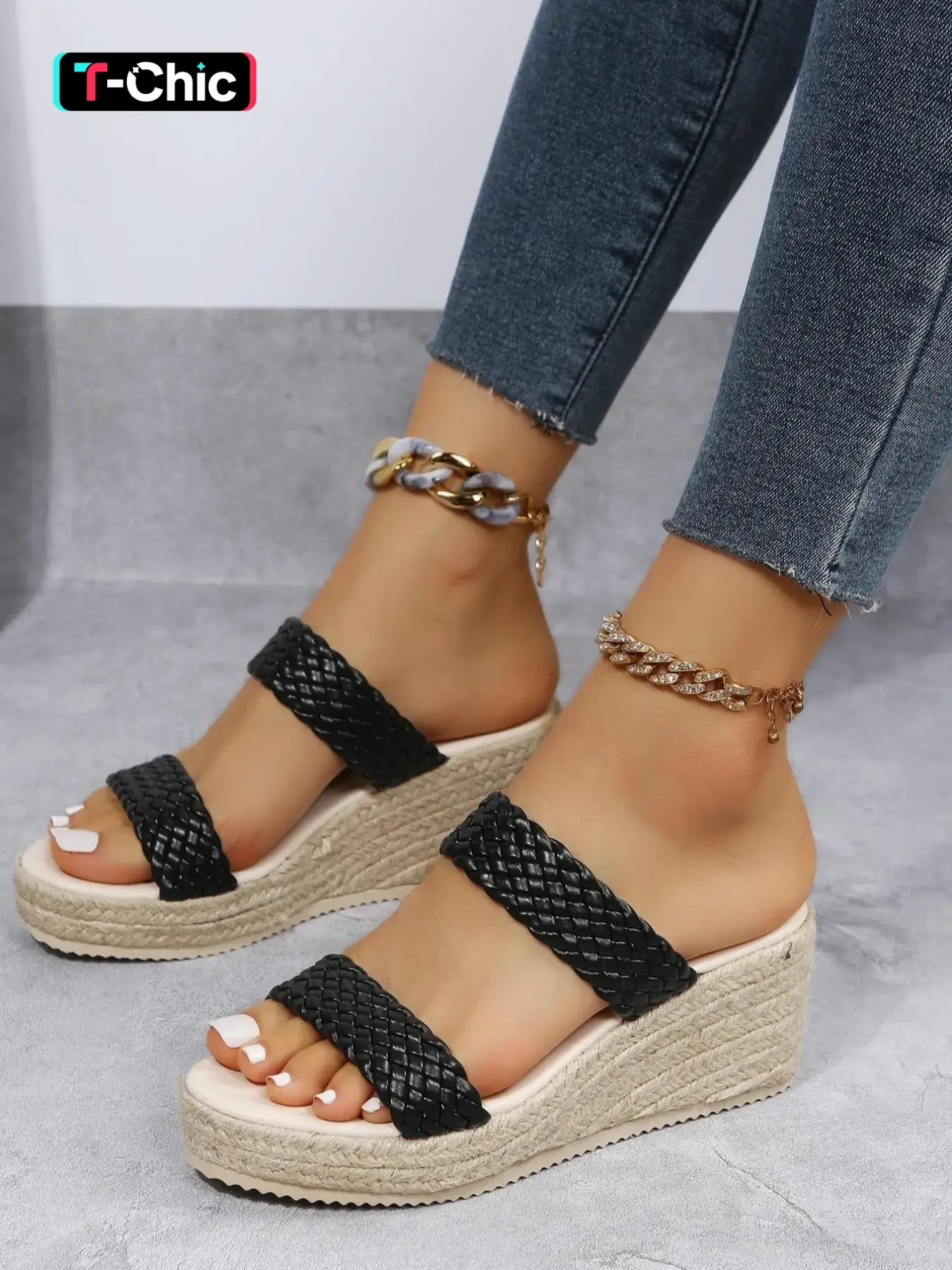 Women's woven two-strap summer essential sandals, round-toe wedge beach sandals, simple and elegant vacation seaside wedge platform sandals, Elevated Sandals, High Platform Sandals, Casual Wedge Sandal, Classy Elevated Sandals, Footwear for beach