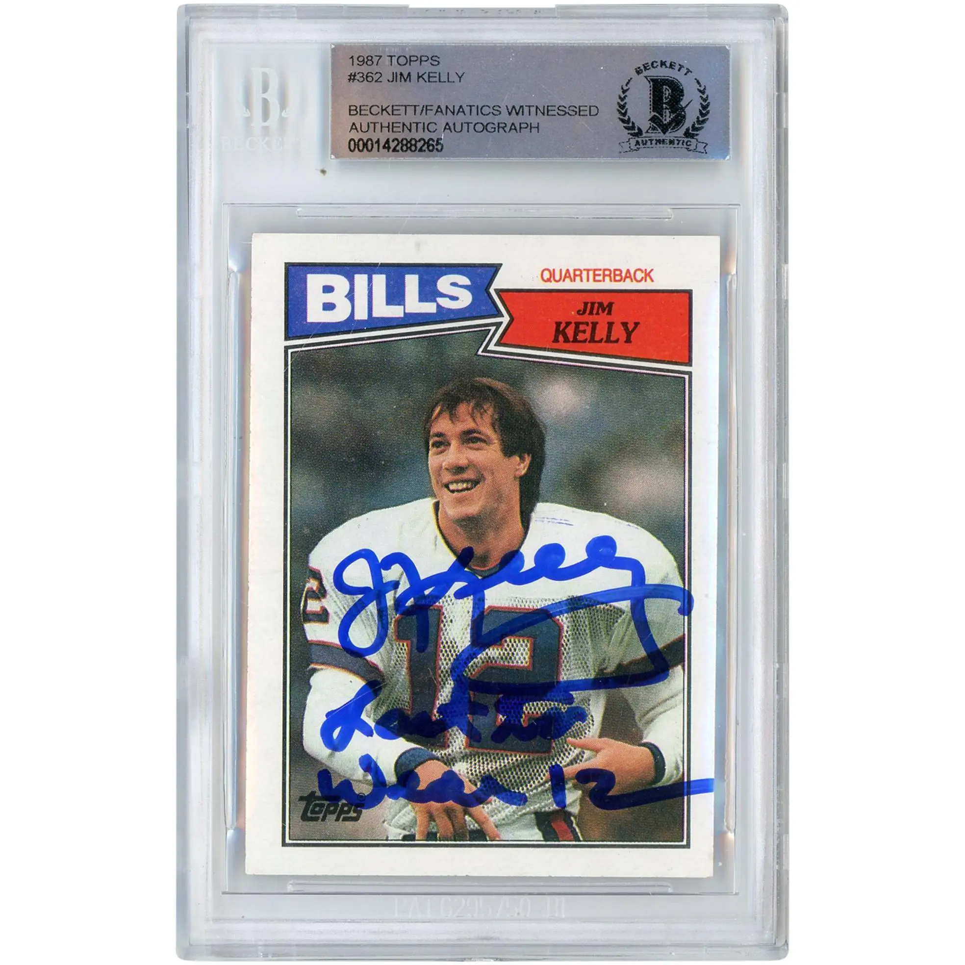 Jim Kelly Buffalo Bills Autographed 1987 Topps #362 Beckett Fanatics Witnessed Authenticated Rookie Card with "LAST TO WEAR #12" Inscription - Fanatics Authentic Certified