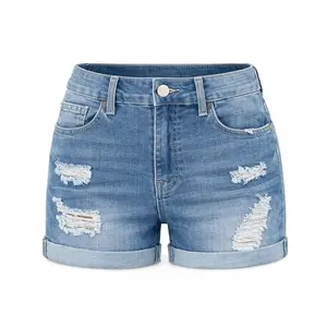 VERNOLA Women's Stretchy Mid-Waist Ripped Denim Jean Shorts - Light Basic Lady's Bottom for Everyday Tummy Fit
