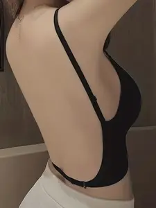 V-Neck Backless Wireless Sports Bra - Stretchy Nylon Fabric, Sweat-Wicking, Four-Way Stretch, Solid Color, No Printing, Knit Fabric - Ideal for Yoga, Fitness, Workout, and Activewear for Women