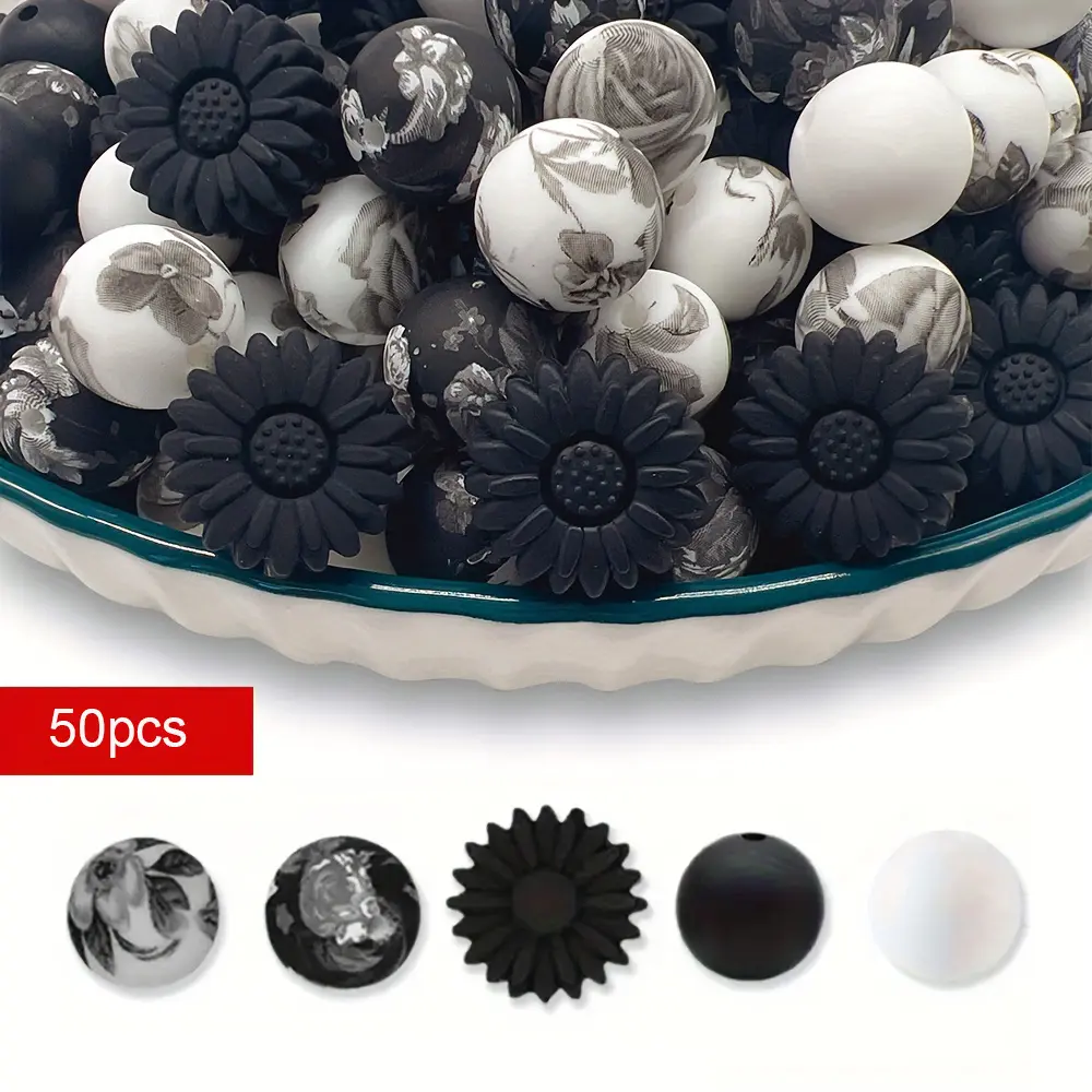 50-piece daisy-pattern silicone bead set - black and white, durable DIY crafting tool, suitable for making keychains and bracelets, ideal gift for Halloween and Christmas, tool for jewelry and accessory creation