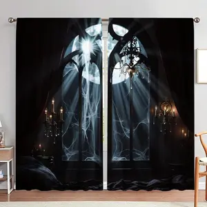 Gothic Window Pattern Door Curtain, 1 Set Halloween Themed Door Curtain, Home Decor for Living Room Bedroom, Room Decor, Home Decor, Home Decoration Curtain