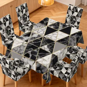 4/5/6/7pcs Golden Marble Triangles Chair Cover And Tablecloth Set, Chair Covers Set, Simple Cleaning & Setup, Perfect for Indoor Dining, Restaurant Decor, Picnics, Festive Decor, Stylish Decor