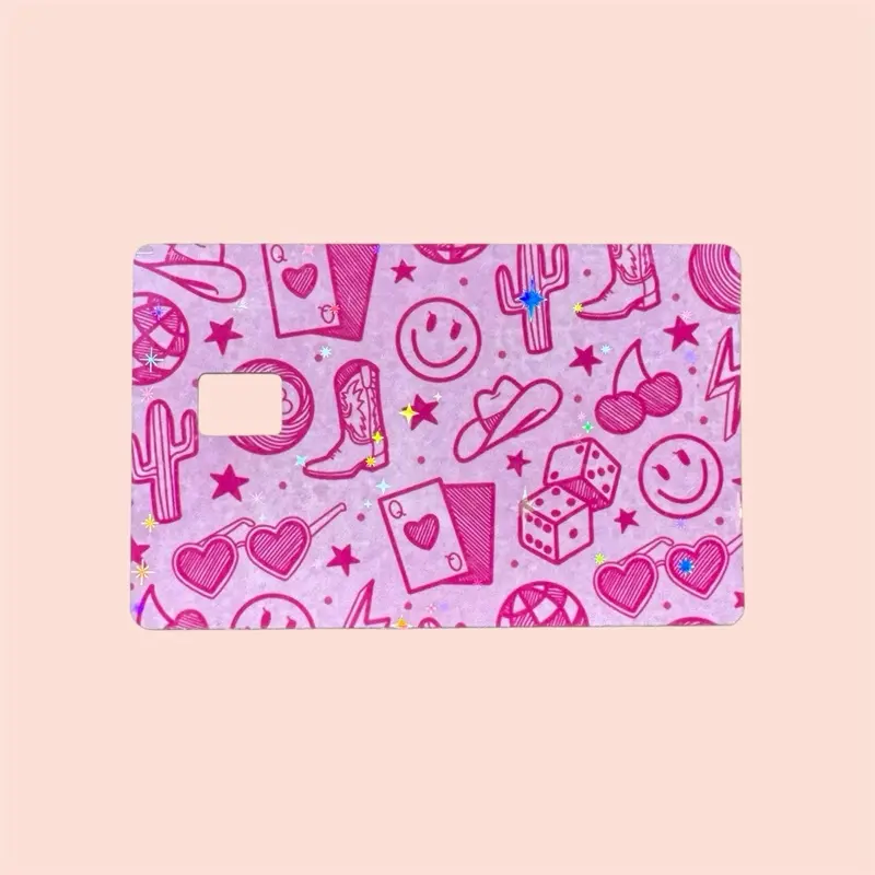 Holographic Stars Pink Cowgirl Credit Debit Card Skin with Cowgirl Boots Cactus and Hearts Design diy card Sketchy Character Natural Dried Funny Waterproof