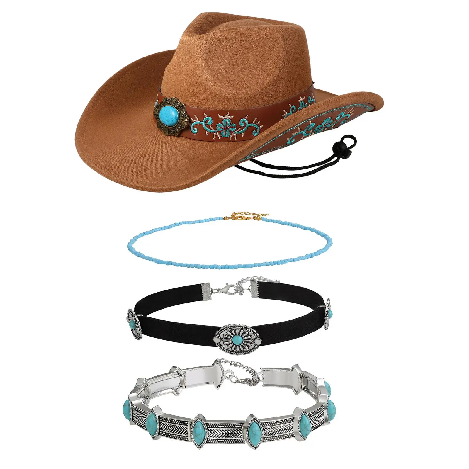 OIDEA Western Cowboy Hat & Necklaces Set - Wide Brim Faux Suede Hat with Turquoise Accents, Bohemian Native American Layered Choker Jewelry, Wide Brim Hat