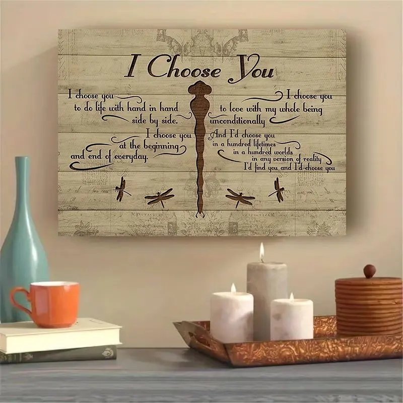 1 Piece Country Style Vintage Decor Wooden Frame Wedding and Anniversary Gift - "My Choice" Couple Love Letter Canvas Print, Dragonfly Art, Unique Artwork, Wedding Vow Text, Home Ready-to-Hang Horizontal Wall Decoration - Ideal Marriage Poster