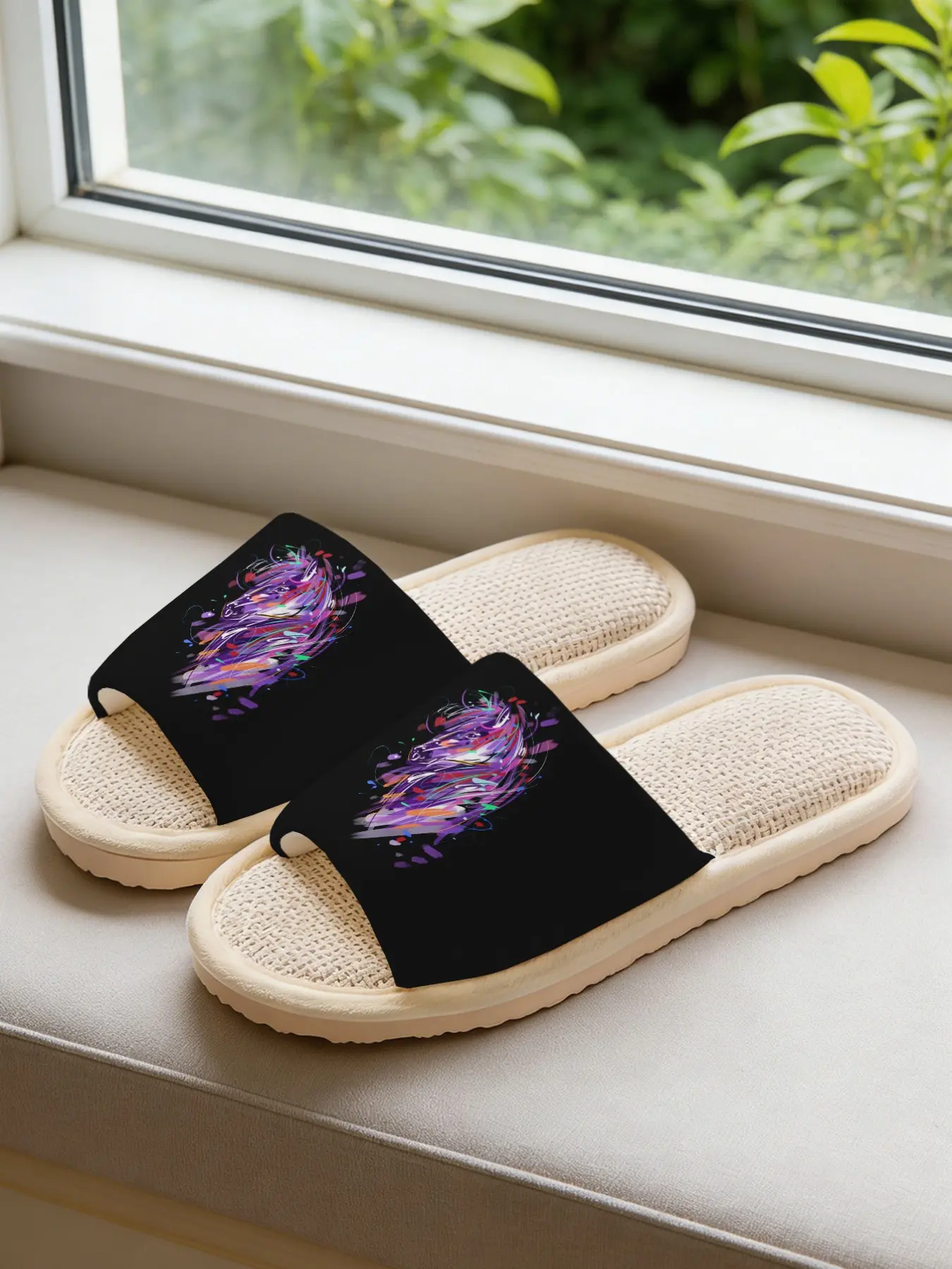 Vibrant Abstract Horse Print Edgy Linen Slippers, Breathable Lightweight Non-slip All Season House Shoes for Bold Trendsetters Family Women Men Daily Home Wear