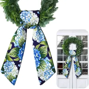 Blank Satin Wreath Sash for Front Door, Embroidery Monogram Ribbon Bow for Indoor Outdoor Yard Doorway Wall Home Decor, Blue Green Summer Hydrangea