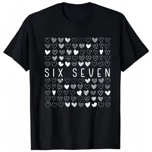 Six Seven Tiny Heart Pattern Text Graphic T-Shirt Minimal Number Theme Casual Black Crewneck Tee Sweatshirt Round Neck