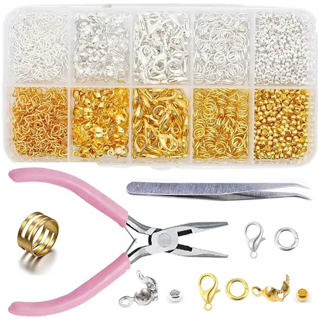 Jewelry Making Tool Kit for Beginners - 1 Set with Sharp Nose Pliers, Tweezers + 10-Grid Accessory Set (Jump Rings, Lobster Buckles, Double-Headed Bag Buckles, Positioning Beads) for DIY Bead Handmade Projects