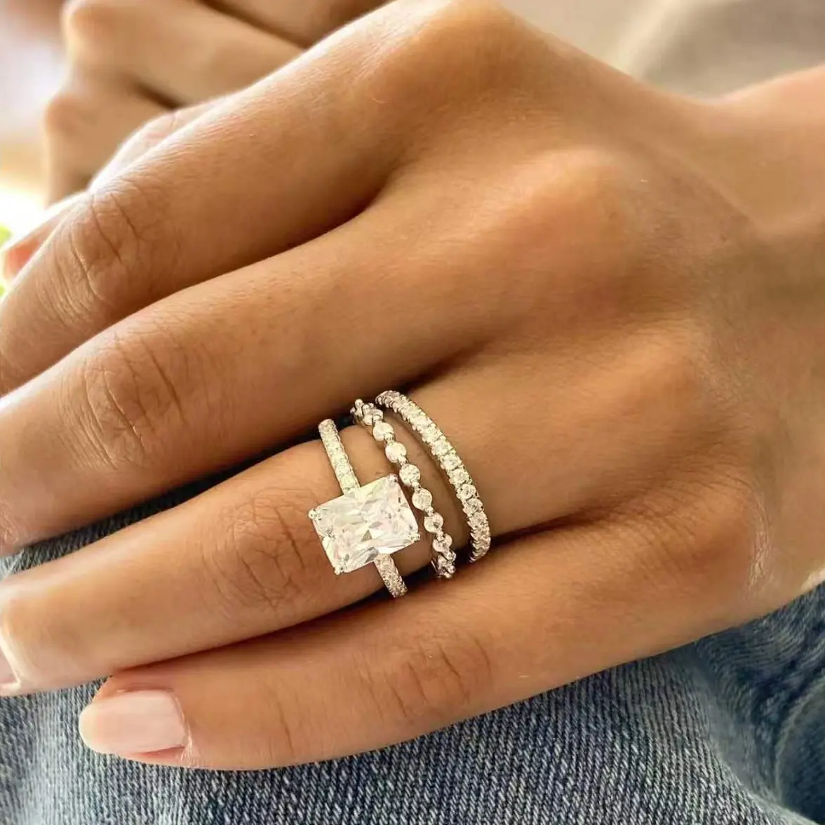 3-Piece Women's Wedding Ring Set, Elegant Silver-Toned 4.50 CTW Radiant Cut Crystal Accent for Engagement or Everyday Wear