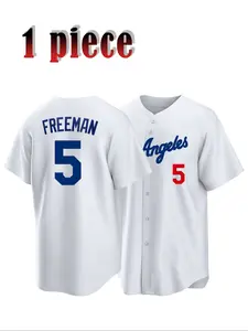 Men's 5 White Embroidery Button Front Baseball Jersey, Regular Fit Casual Short Sleeve V Neck Baseball Top for Daily Wear, Men's Clothes for All Seasons, Jersey Tee