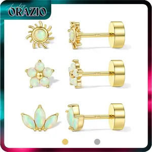 ORAZIO 925 Sterling Silver Flat Back Stud Earrings for Women Hypoallergenic 14K Gold Plated Cartilage Earrings for Sensitive Ears Small CZ Opal Conch Helix Tragus Piercing Jewelry 3 Pairs 20G
