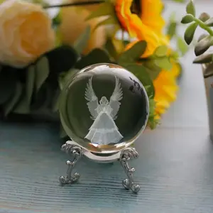 Charming 3D Crystal Guardian Angel Ball, 2.3 Inch Glass Sphere with Silver Color Stand, Perfect Home Office Decor, Ideal Gift, Decorative Figurines
