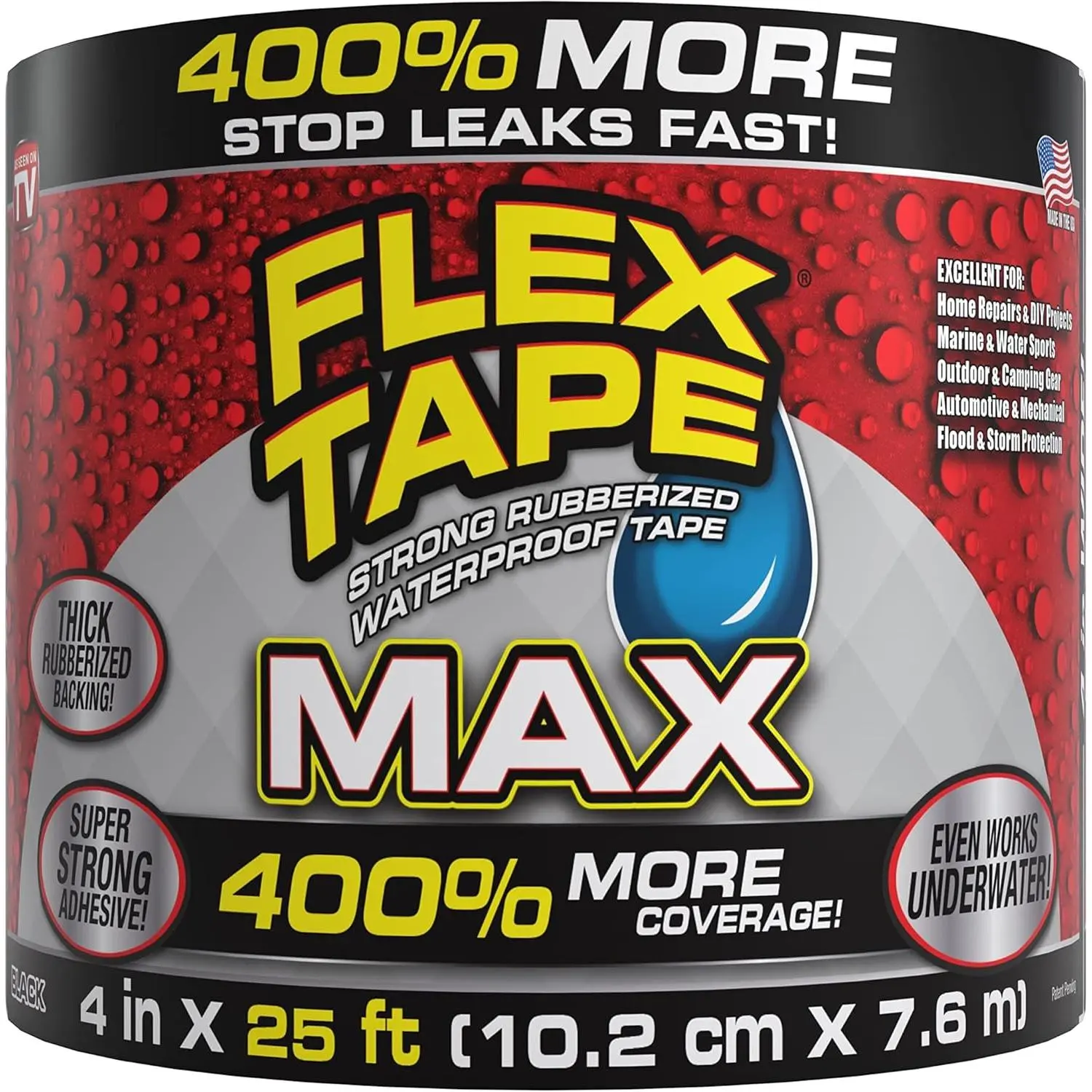 Original Thick Flexible Rubberized Waterproof Tape, 4 in x 25 ft Black (Pack of 1) for Roof, Pool, Gutter, Sprinkler System & Boat Repairs, Vent Sealing, Underwater Use, Vents, Pools