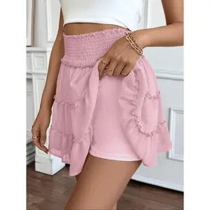 Women's Plain 2 in 1 Ruffle Trim Layered Skirt, Ruffle Trim High Waisted Skorts, Elegant High Waist Short Skirt for Beach Holiday Vacation, Ladies Bottoms for Summer, Casual Skirts
