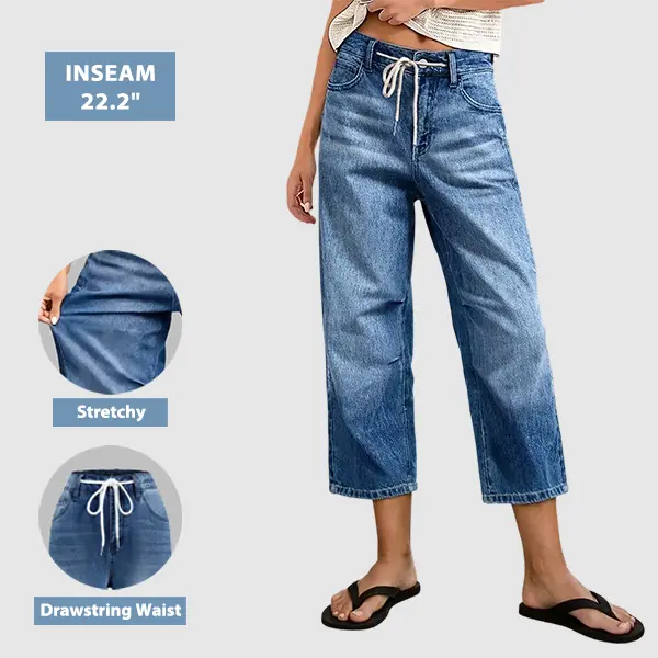 Flamingals Wash Stitch Drawstring Mid Rise Straight Leg Crop Jeans Stretchy 22.2 Inseam