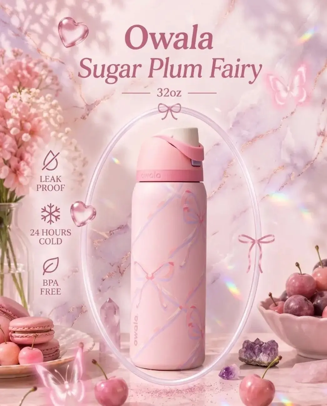 Owala FreeSip 32oz Sugar Plum Fairy Insulated Stainless Steel Water Bottle Limited Edition Model Leak Proof Built In Straw BPA Free Double Wall Travel Tumbler CZ4