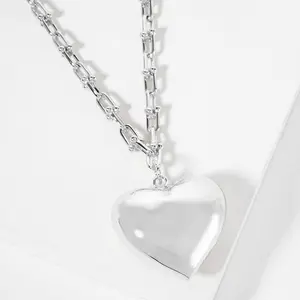 Gold Dipped Bold Puffy Heart Pendant Industrial Chain Necklace: Rhodium