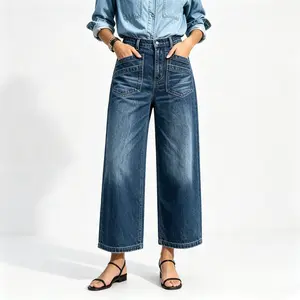 Women's Wide Leg Jean Stretch Denim Trousers Comfortable Soft Casual Fit Bottom for Everyday Wear