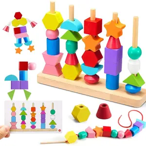 Wooden Bead Sorting Toy Set, Stem Learning for Kids, Unisex Gift for Christmas & Halloween, Random Color Blocks & Shapes, Wooden Construction