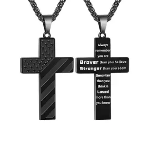 Cross Necklace with Bible Verse & American Flag Pendant – Stainless Steel Men’s Jewelry Gift, Faith-Inspired Meaningful Pendant, Bold Patriotic Chain for Him, Everyday Wear Spiritual Necklace, Statement Jewelry for Men