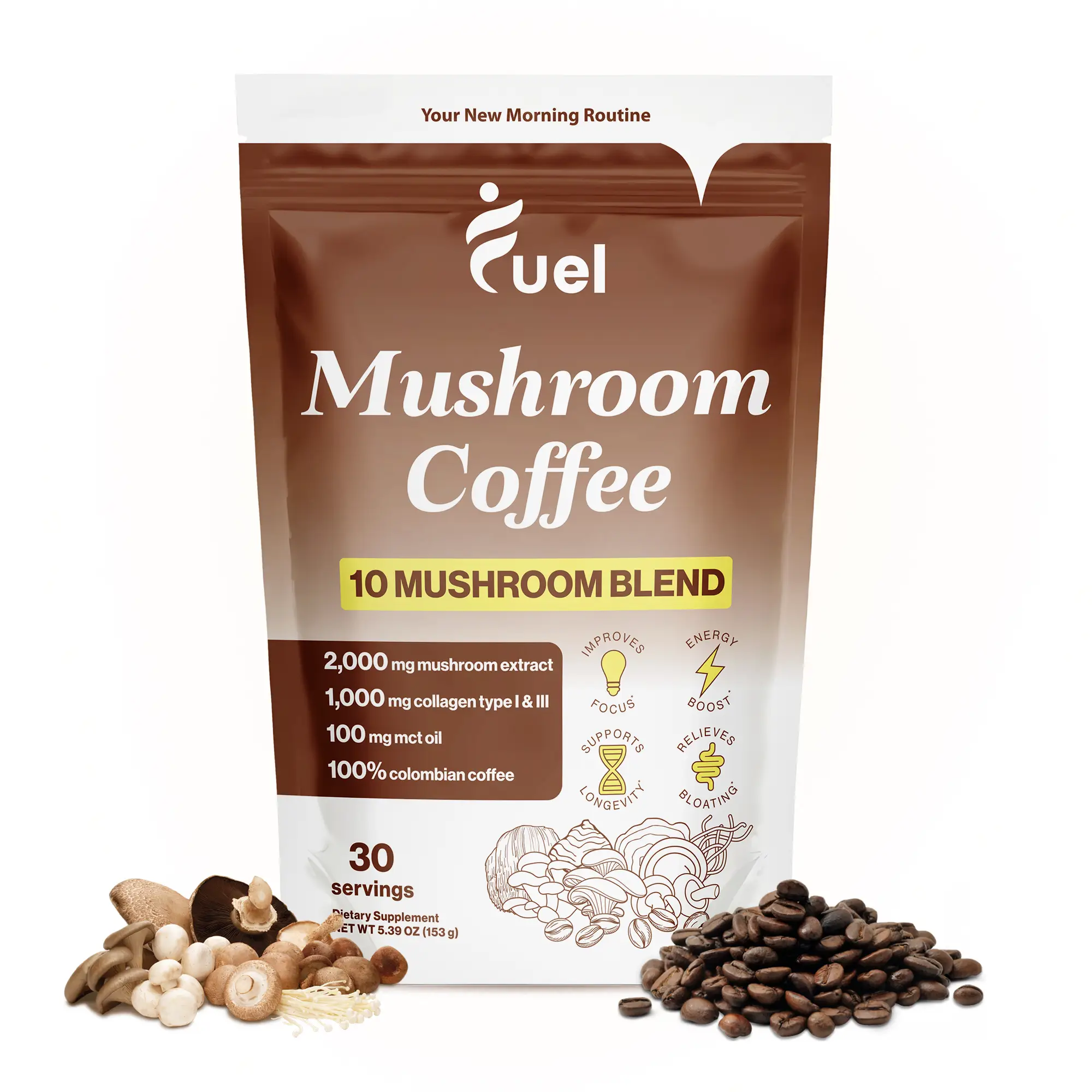 Fuel Mushroom Coffee Blend Organic 10 Mushrooms Lion's Mane, Chaga, MCT Oil & Collagen - Low Caffeine Non GMO Gluten Free Beverage