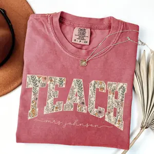 [CUSTOM] Comfort Colors Teacher T-Shirt, Personalized Floral Varsity Letter Graphic Tee, Cute Classroom Style Shirt, New Teacher Appreciation Gift