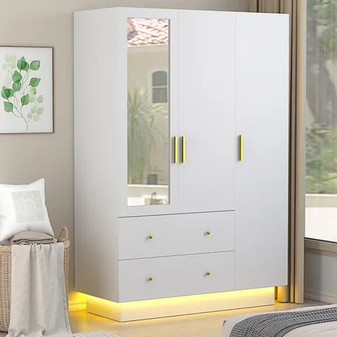 Sturdy Modern Wood Frame Bedroom Wardrobe - Adult Bedroom Furniture with 2/3/4 Door Choice, Luminous Interior, Mirror, LED Lighting, RGB Light Dance, Hanging Rod, Drawers, Shelves, Anti-Tilting Base, Organization, Storage, Room Decor,familyfun
