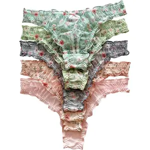 5 Packs Women's Floral Lettuce Trim Bow Low Rise Cute Thong Panties Underwear