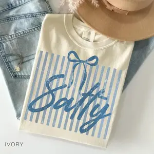 Comfort Colors Salty Coquette Bow T-Shirt, Sarcastic Beach Quote Shirt, Retro Blue Striped Coastal Graphic Tee, Trendy Sassy Summer Aesthetic Top