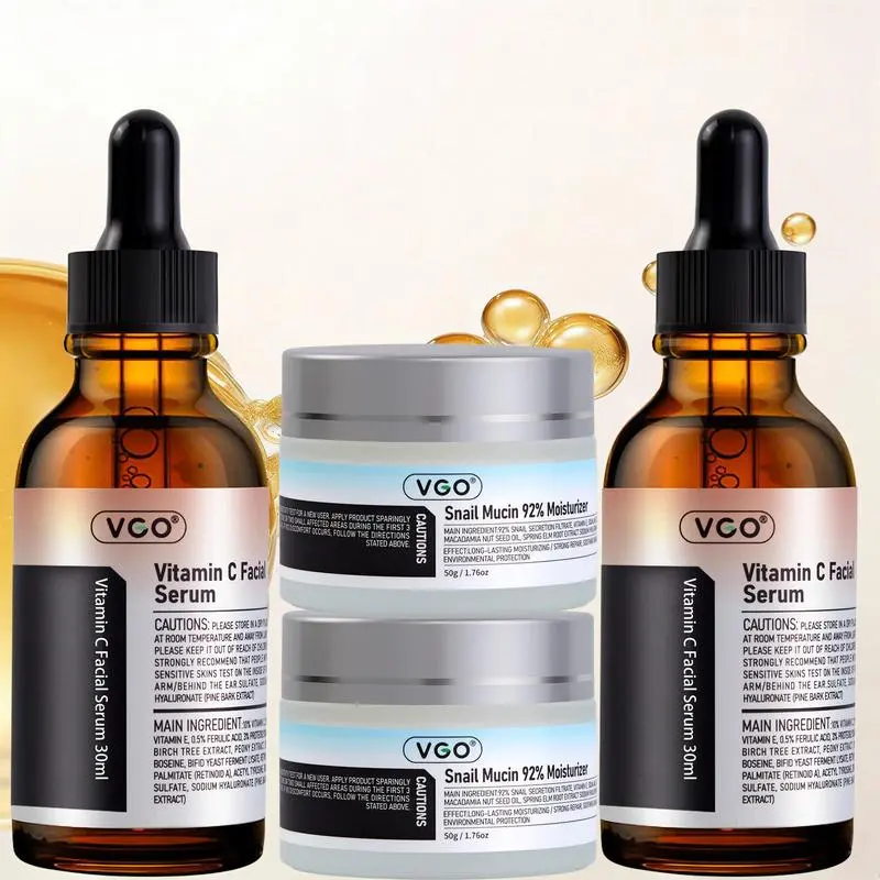 VGO Glow-Boosting Skincare Set - Vitamin C Facial Serum Essential Oil & Snail Mucin 92% Moisturizing Cream, Targets Dullness & Rough Texture, Fights Free Radicals & Soothes Post-Sun Irritation, Gentle Formula Ideal for Sensitive Skin[Buy 2 Get 2 Free], Cl