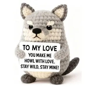 1pc Handmade Crochet Wolf Plush Doll with Motivational Card, Cute Duck Shark Toys, Perfect Birthday Christmas Valentine Gift