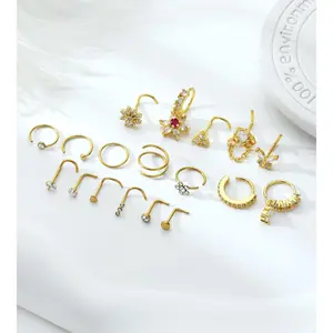 Gold Plated Silver Nose Rings for Women Men Stainless Steel Hypoallergenic Nose Piercing Jewelry 20G L Shaped Corkscrew Nose Rings Hoops Heart Butterfly Flower CZ Nose Studs