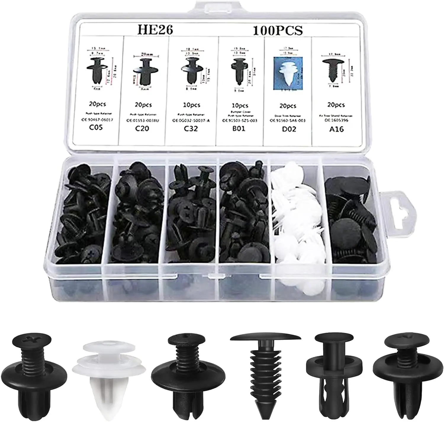 HE26 100 Pcs Bumper Clips Car Clips Plastic Rivets Fasteners Push Retainer Kit with Sizes Auto Push Pin Rivets Set with Fastener Remover Durable Plastic & Metal Components Ergonomic Design Lightweight Strong Essential Tool for Vehicle Maintenance