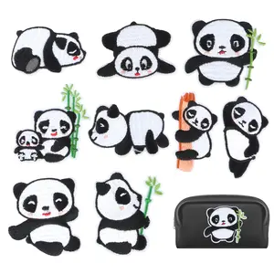 9pcs Mixed Panda Bamboo Embroidery Fabric Patches, Iron-On Sew-On Patch Flowers, DIY Handmade Decorations for Clothing Bags Hats T-Shirts