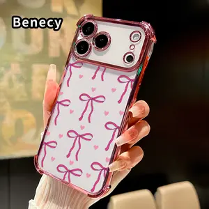 Bow and Heart Pattern Pattern Phone Case for iPhone 17 Pro Max 16 15 Plus Air 14 13 12 11 E Electroplated Four-Corner Anti-Fall Protection Cellphone Cover