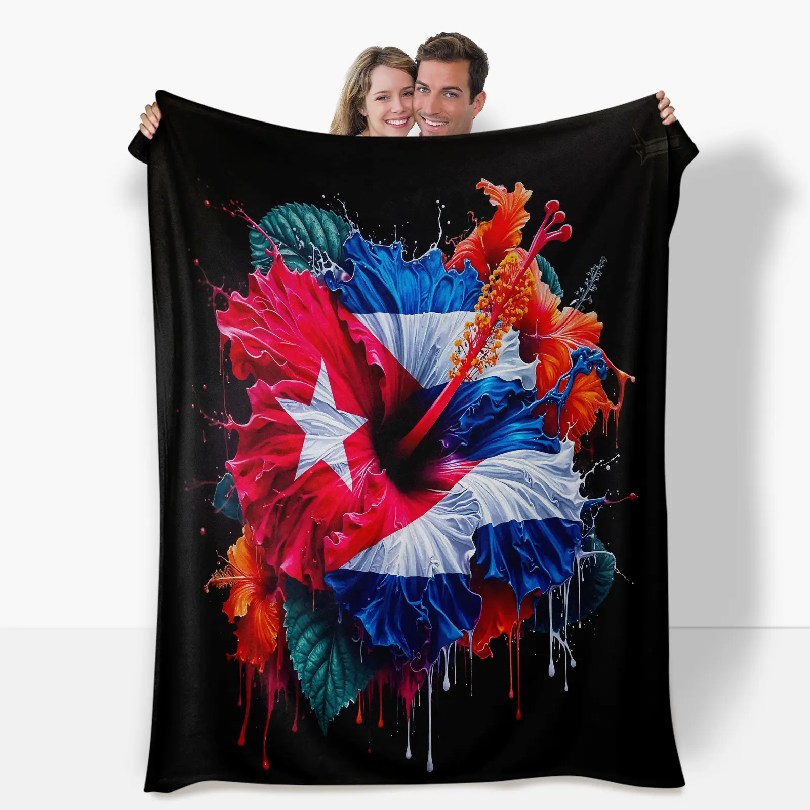 Cuban Flannel Blanket - Crochet Tufted Weave, Digital Print Modern Cuban Hibiscus Flag Design, Breathable, Durable, Anti-Pilling, Machine Washable, Multi-Size (12.6in×12.6in×3.15in), 4-Season Cozy Soft, Ideal for Decoration & Gifting