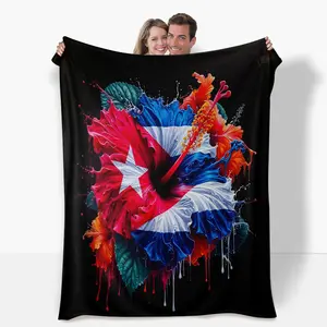 Cuban Flannel Blanket |   Inspired by Cuban Flag & Vibrant Hibiscus Blooms |   Cozy Soft 4 - Season Use, Perfect for Decoration, Nap & Gifting Family/Friends