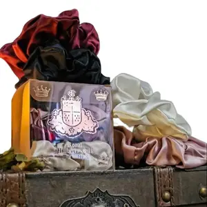 The Armored Kingdom Maiden's Tie Mulberry Silk Scrunchies 4 in a Pack - Royal Hues for Ponytails & Braids - Ultra Soft & Strong Elastic Core - Perfect for Royal Updos - Personalized Scroll & Crown Keychain Bottle Opener Included Pigtails